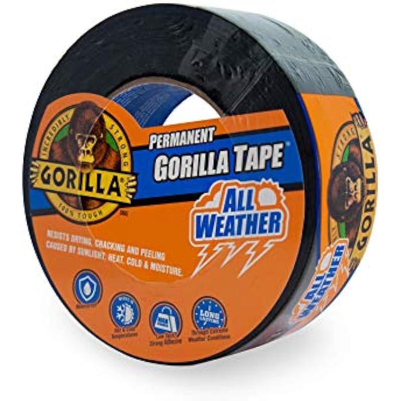 Gorilla All Weather Outdoor Waterproof Duct Tape, UV and Temperature Resistant, 1.88″ x 25 yd, Black, (Pack of 1)