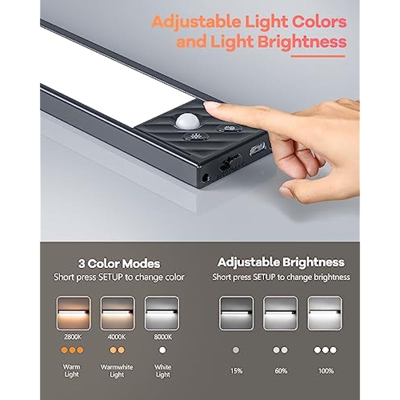 2024 Newest 65 LED Motion Sensor Lights Indoor 3 Color Temps, 2 Packs Dimmable Under Cabinet Lighting, 2500mAh Rechargeable Wireless Closet Lights Night Light for Drawers, Wardrobe, Stair, Kitchen