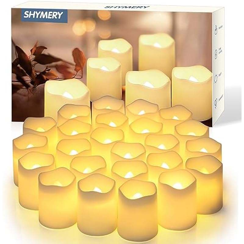 SHYMERY Flameless Votive Candles, Flickering Electric Fake Candle,24 Pack 200+Hour Battery Operated LED Tea Lights in Warm White for Wedding, Table, Festival, Halloween,Christmas Decorations