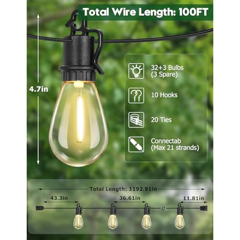 100FT Outdoor String Lights Waterproof, Outdoor Lights with S14 Shatterproof Bulbs, Connectable Hanging Patio Lights, IP55 Commercial Grade LED Outdoor String Lights for Outside, Patio, Bistro