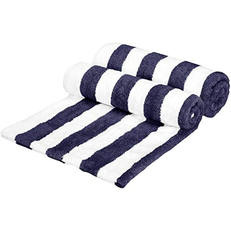 Amazon Basics Quick Dry Cabana Stripe Beach Towel, 2-Pack, Navy Blue, Large, 30 in x 60 in