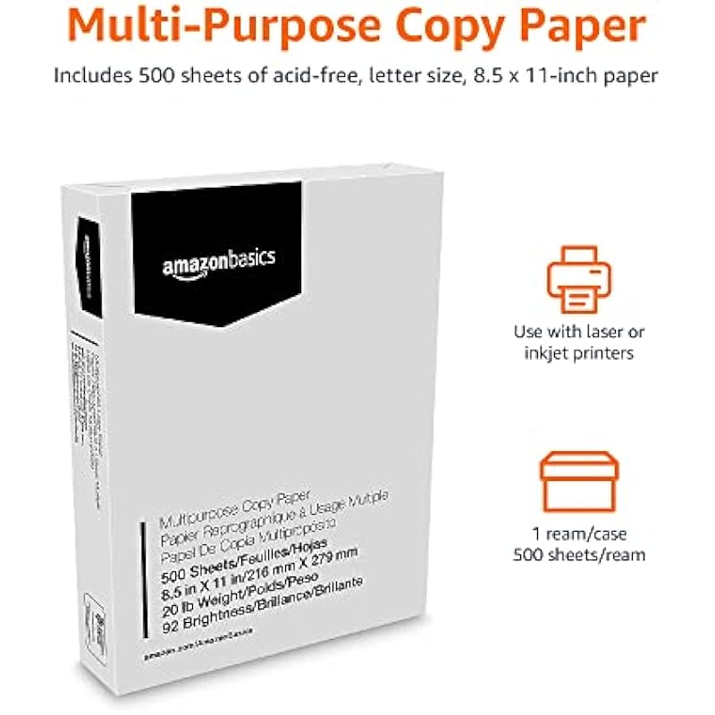 Amazon Basics Multipurpose Copy Printer Paper, 8.5″ x 11″, 20 lb, 1 Ream, 500 Sheets, 92 Bright, White