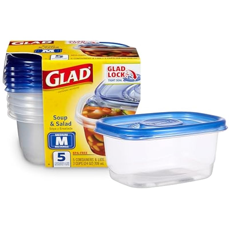 GladWare Soup & Salad Food Storage Containers for Everyday Use | Medium Rectangle Containers for Food Storage | Containers Hold up to 24 Ounces of Food, 5 Count Set