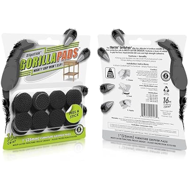 Slipstick GorillaPads CB147 Non Slip Furniture Pads/Gripper Feet (Set of 16) Self Adhesive Rubber Floor Protectors, 1 inch Round, Black