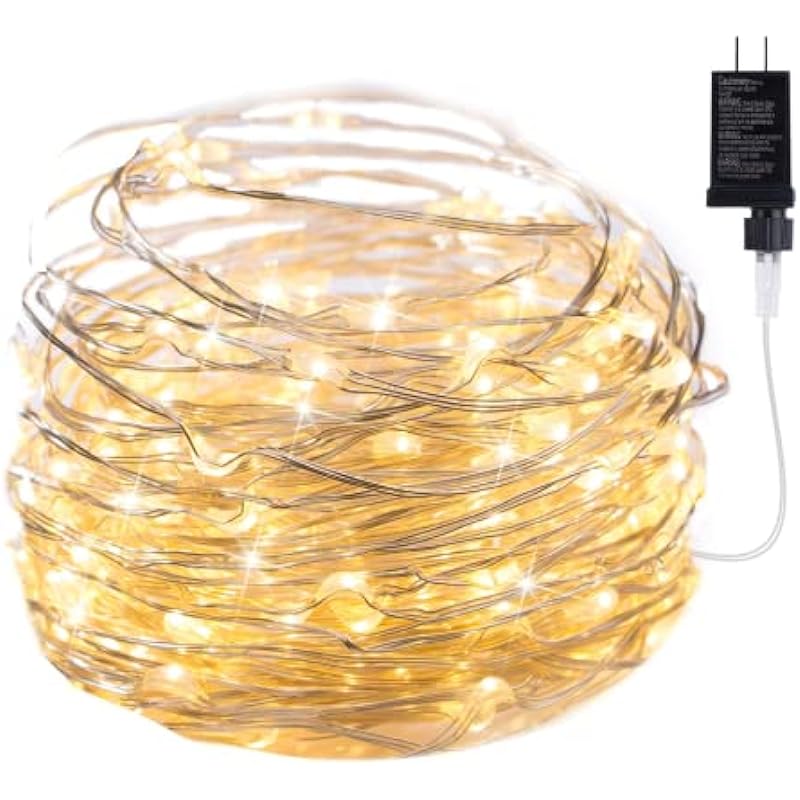 Minetom Fairy Lights Plug in, 33Ft 100 LEDs Waterproof Silver Wire Firefly Lights, Adaptor Included, Starry String Lights for Wedding Indoor Outdoor Christmas Patio Garden Decoration, Warm White