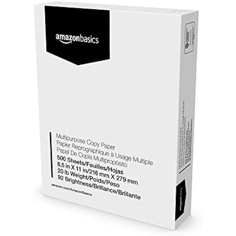Amazon Basics Multipurpose Copy Printer Paper, 8.5″ x 11″, 20 lb, 1 Ream, 500 Sheets, 92 Bright, White