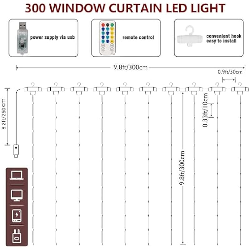 HOME LIGHTING Window Curtain String Lights, 300 LED 8 Lighting Modes Fairy Copper Light with Remote, USB Powered Waterproof for Christmas Bedroom Party Wedding Home Garden Wall Decorations, Cool White