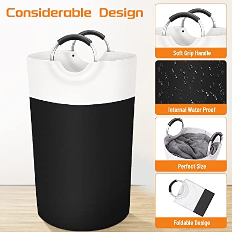 BlissTotes Laundry Basket, Laundry Hamper, Collapsible Laundry Baskets, Dirty Clothes Hamper, Waterproof with Foam Protected Aluminum Handles for College Dorm, Family 90L (Black)