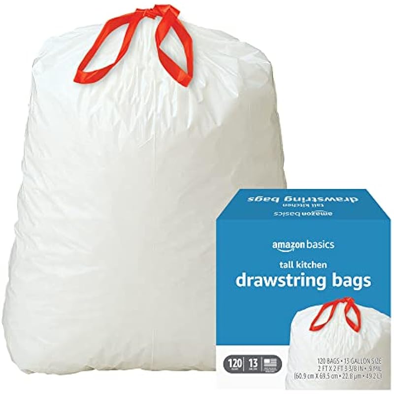 Amazon Basics Tall Kitchen Drawstring Trash Bags, 13 Gallon, 120 Count