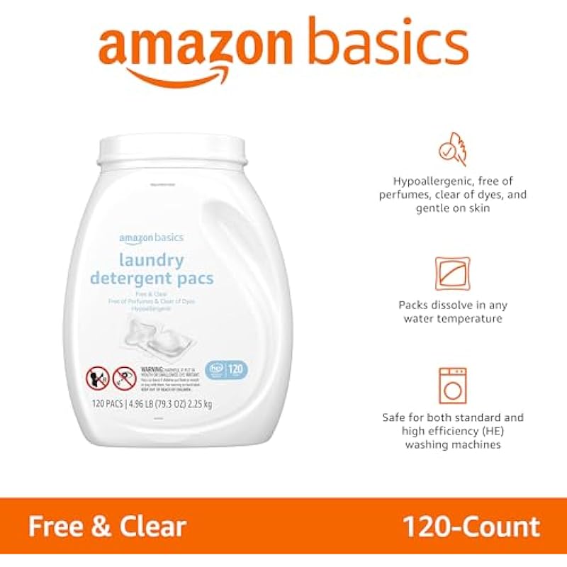Amazon Basics Laundry Detergent Pacs, Hypoallergenic, Free & Clear, 120 Count (Previously Solimo)