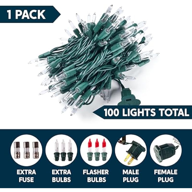 Joiedomi 100-Count Clear White Christmas Light Set, Green Wire Lights for Christmas Decorations, Holiday, Party, Home, Indoor or Outdoor Decorations