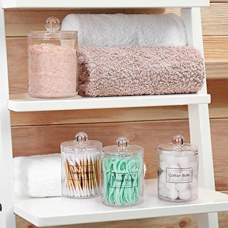 4 PACK Qtip Holder Dispenser for Cotton Ball, Cotton Swab, Cotton Round Pads, Floss Picks – Small Clear Plastic Apothecary Jar Set for Bathroom Canister Storage Organization, Vanity Makeup Organizer