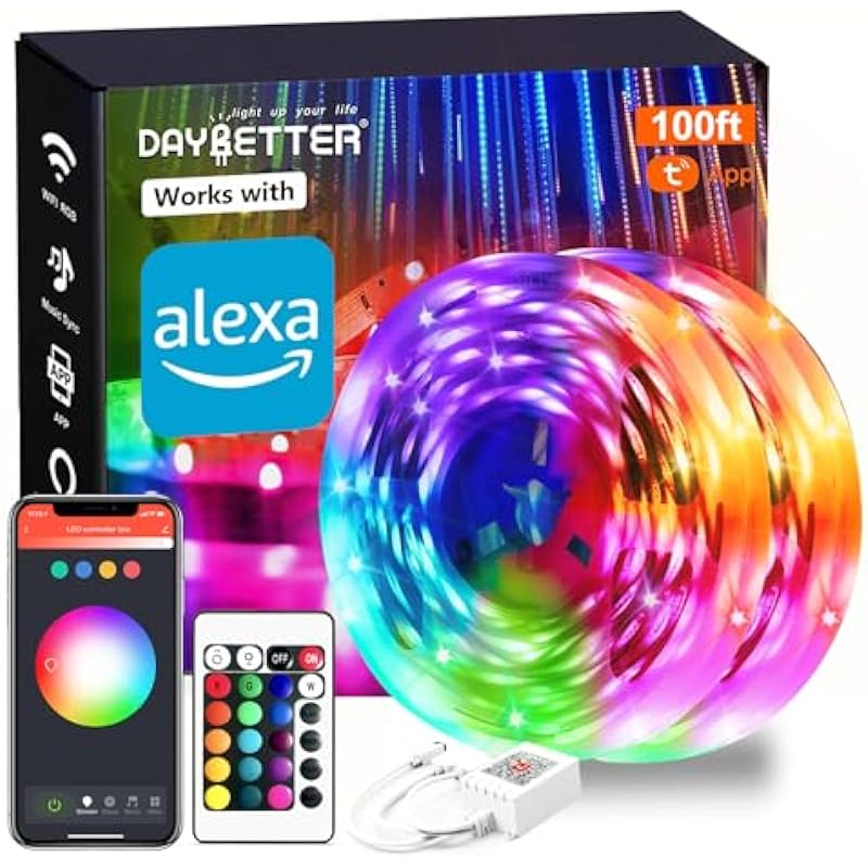 DAYBETTER Smart WiFi Led Lights 100ft, Tuya App Controlled Led Strip Lights, Work with Alexa and Google Assistant, Timer Schedule , Color Changing Led Lights for Bedroom Party Kitchen