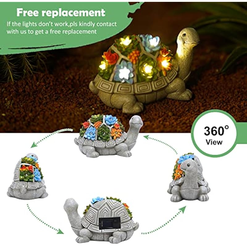 Nacome Solar Garden Outdoor Statues Turtle with Succulent and 7 LED Lights – Lawn Decor Tortoise Statue for Patio, Balcony, Yard Ornament – Unique Housewarming Gifts