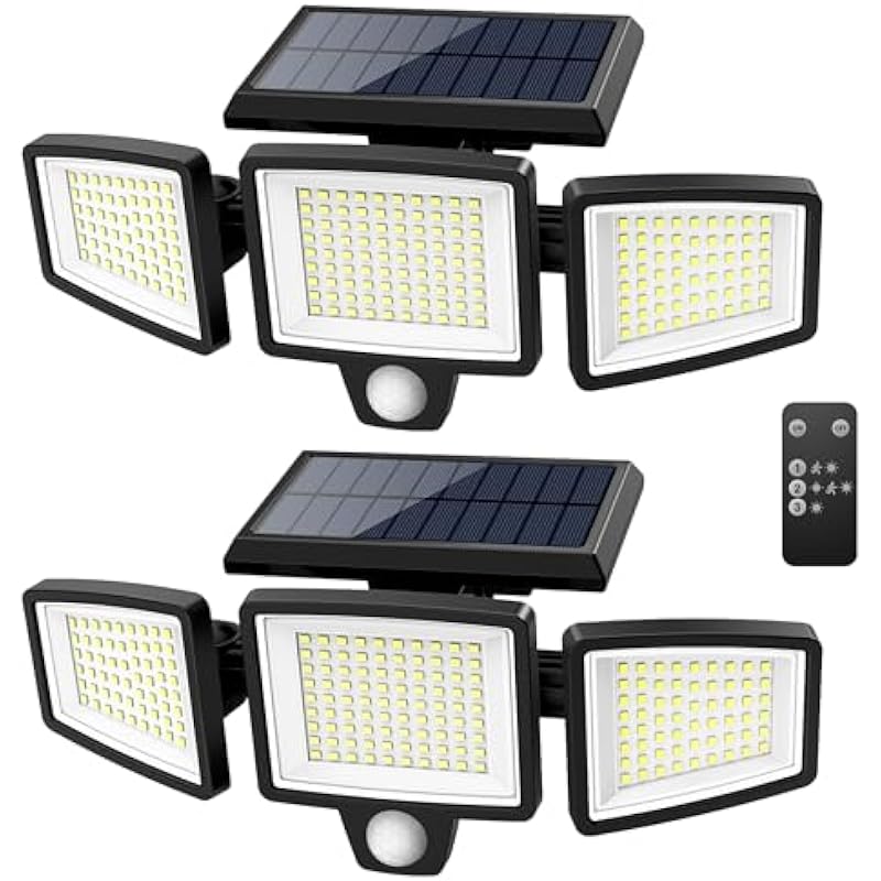 Tuffenough Solar Outdoor Lights 2500LM 210 LED Security Lights with Remote Control,3 Heads Motion Sensor Lights, IP65 Waterproof,270° Wide Angle Flood Wall Lights with 3 Modes(2 Packs)