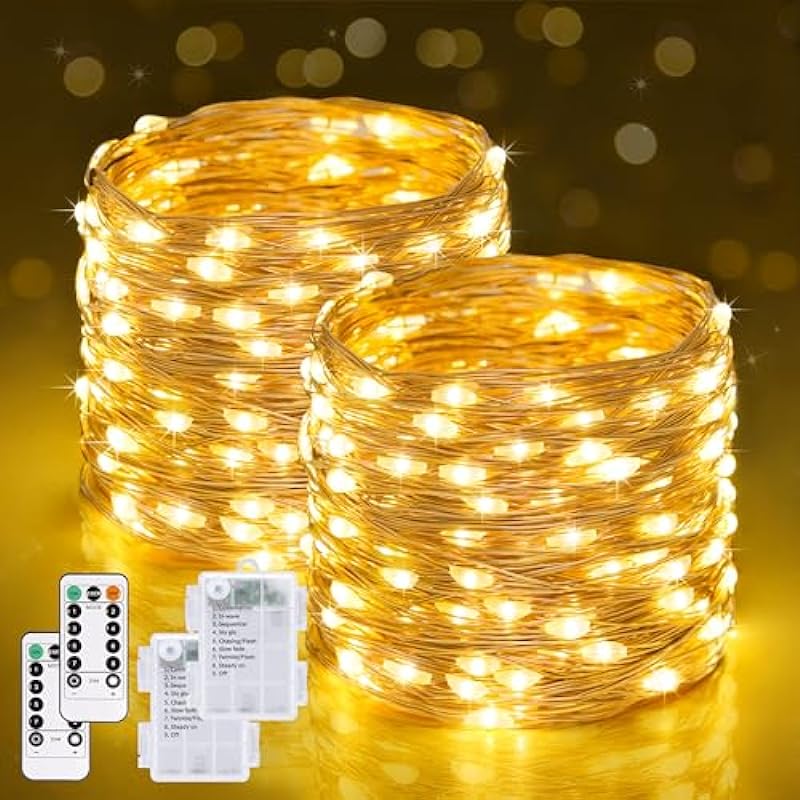 JMEXSUSS 2 Pack 200 LED Fairy Lights Battery Operated, 66ft Battery Powered String Lights with Remote, 8 Modes Twinkle Fairy Lights for Bedroom Centerpiece Gift Indoor Outdoor Tree Decor, Warm White