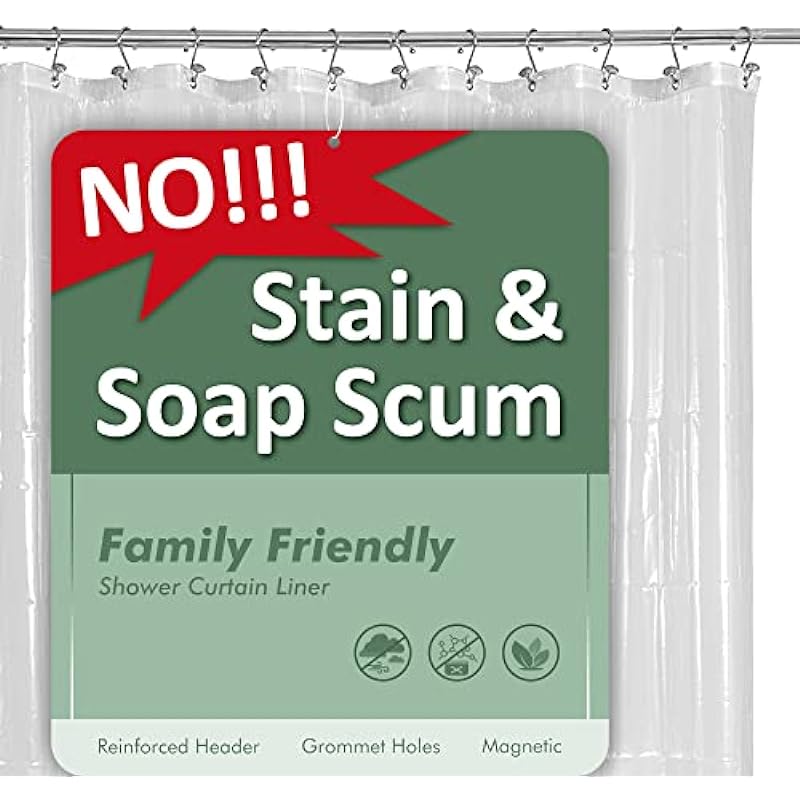 Barossa Design Plastic Shower Liner Clear – Premium PEVA Shower Curtain Liner with Rustproof Grommets and 3 Magnets, Waterproof Cute Lightweight Standard Size Shower Curtains for Bathroom – Clear