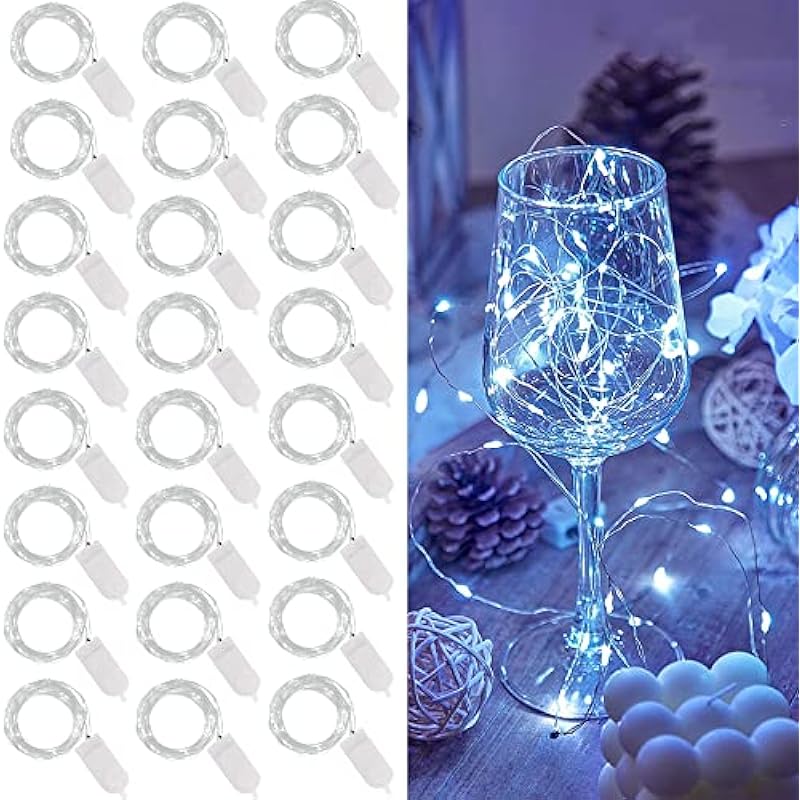 WATERGLIDE 24 Pack Fairy Lights Battery Operated (Included), 6.5ft 20 LED Mini String Lights, Waterproof Silver Wire Firefly Starry Lights for DIY Wedding Christmas Party Mason Jars Decor, Cool White