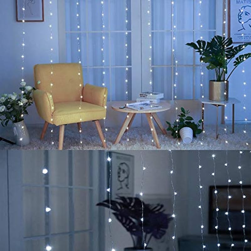 HOME LIGHTING Window Curtain String Lights, 300 LED 8 Lighting Modes Fairy Copper Light with Remote, USB Powered Waterproof for Christmas Bedroom Party Wedding Home Garden Wall Decorations, Cool White