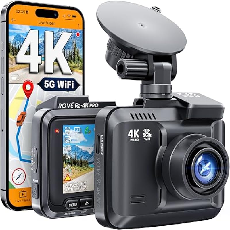 ROVE R2-4K PRO Dash Cam, Built-in GPS, 5G WiFi Dash Camera for Cars, 2160P UHD 30fps Dashcam with APP, 2.4″ IPS Screen, Night Vision, WDR, 150° Wide Angle, 24-Hr Parking Mode, Supports 512GB Max
