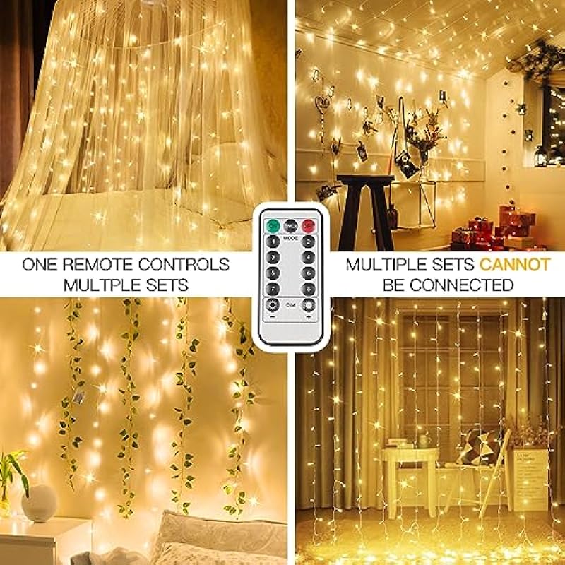 suddus Curtain Lights for Bedroom, 200 Led 6.5ft x 6.5ft Hanging String Lights Outdoor, Fairy Curtain Lights Indoor for Christmas, Wall, Backdrop, Window, Wedding, Party, Brithday Decor, Warm White