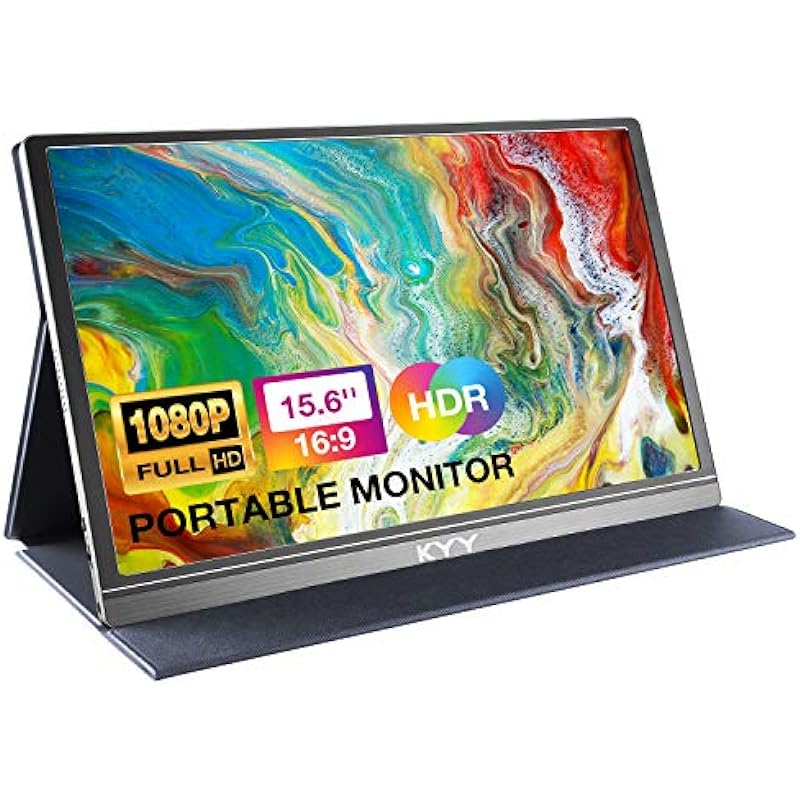 KYY Portable Monitor 15.6inch 1080P FHD USB-C, HDMI Computer Display HDR IPS Gaming Monitor w/Premium Smart Cover & Screen Protector, Speakers, for Laptop PC MAC Phone PS4 Xbox Switch