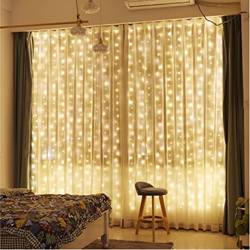 300 LED Curtain Fairy Lights with Remote, 8 Modes 9.8 × 9.8 Ft, USB Plug in Copper Wire String Lights for Bedroom Window Chrismas Wedding Party, Warm White