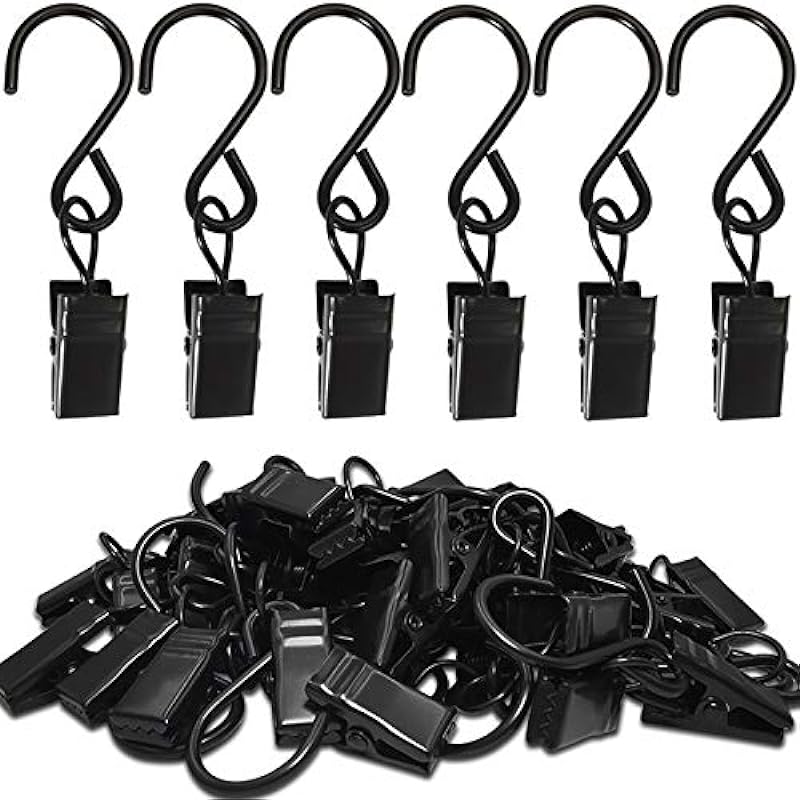 AMZSEVEN Stainless Steel S Hooks Curtain Clips, 50 Pack Hanging Party Lights Hangers Gutter Photo Camping Tents, Art Craft Display, Garden Courtyards Decoration, 2.4 Inch Long Black