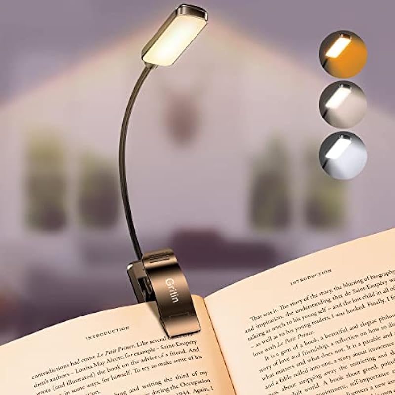 Gritin 9 LED Rechargeable Book Light for Reading in Bed – Eye Caring 3 Color Temperatures,Stepless Dimming Brightness,80 Hrs Runtime Small Lightweight Clip On Book Reading Light for Kids,Studying