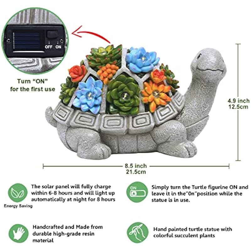 Nacome Solar Garden Outdoor Statues Turtle with Succulent and 7 LED Lights – Lawn Decor Tortoise Statue for Patio, Balcony, Yard Ornament – Unique Housewarming Gifts