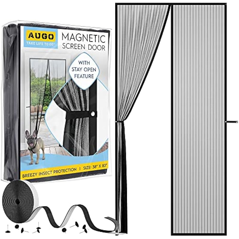 AUGO Magnetic Screen Door – Self Sealing, Heavy Duty, Hands Free Mesh Partition Keeps Bugs Out – Pet and Kid Friendly – Patent Pending Keep Open Feature – 38 Inch x 83 Inch