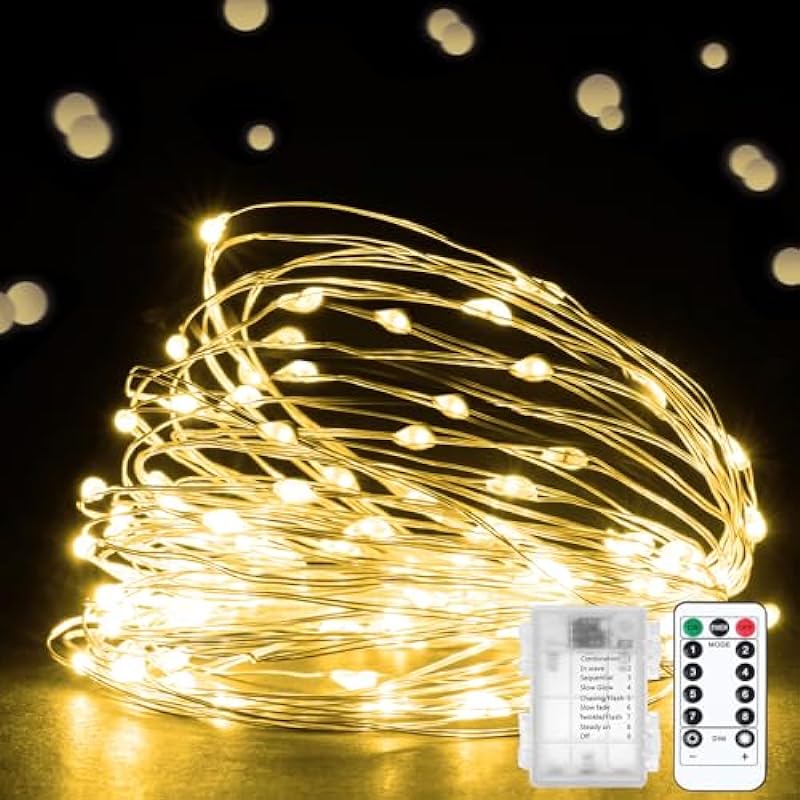 Ehome Fairy Lights Battery Operated with Remote, 33ft 100 LED Outdoor String Lights, Waterproof Twinkle Lights for Indoor Bedroom, Patio, Party, Garden, Christmas Tree Decoration(Warm White)