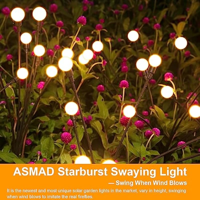 Solar Garden Lights, ASMAD 4 Pack 32 LED Solar Outdoor Lights, Outdoor Decorations Lights, Solar Swaying Lights, Firefly Lights for Patio Pathway Outdoor Decor, Big Bulb Solar Swaying Lights