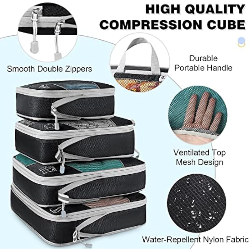 NUBILY Compression Packing Cubes, 6 Set Packing Cubes Travel Organizer for Luggage Ultralight Expandable Travel Packing Cubes Waterproof Packing Storage Bags Set for Travel Bag and Suitcase, Black