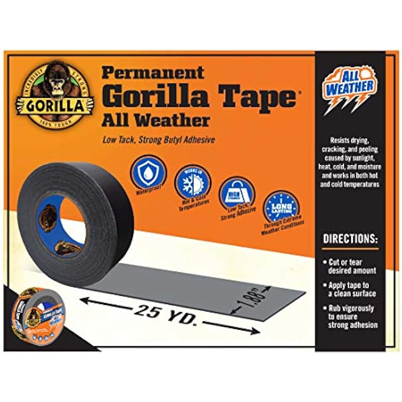 Gorilla All Weather Outdoor Waterproof Duct Tape, UV and Temperature Resistant, 1.88″ x 25 yd, Black, (Pack of 1)