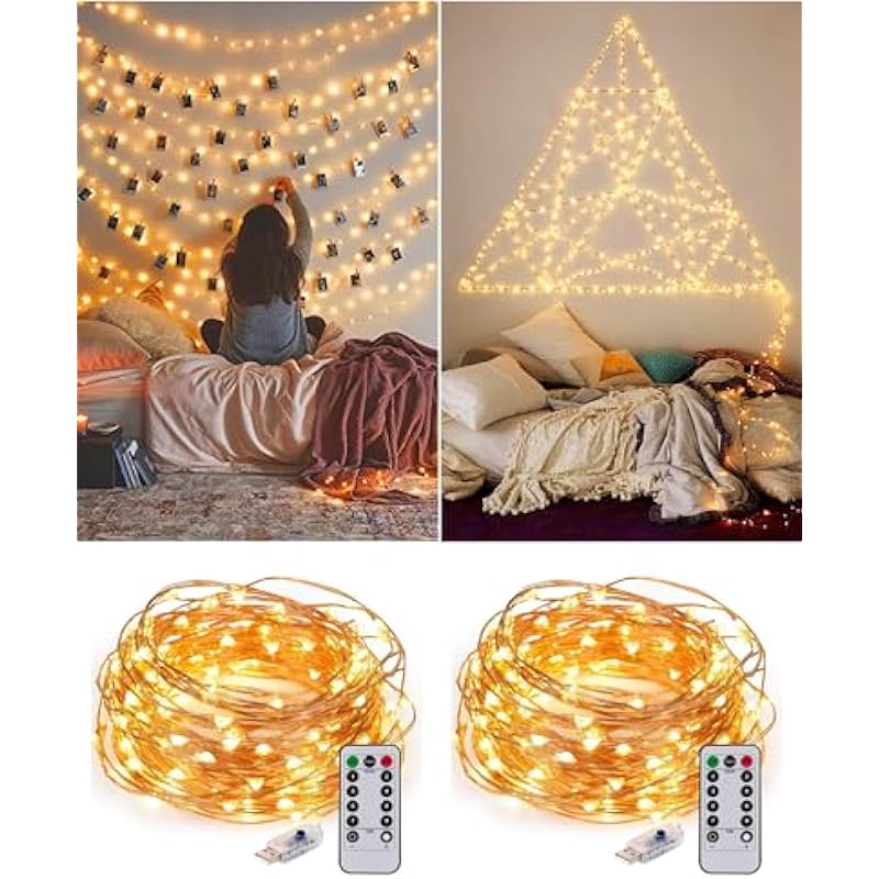 2 Pack USB Fairy Lights Plug in [Each 66 ft 200 LED] Twinkle String Lights with Remote and Timer 8 Modes Copper Wire Mini Starry Lights for DIY Christmas Wedding Party Bedroom Decorations, Warm White