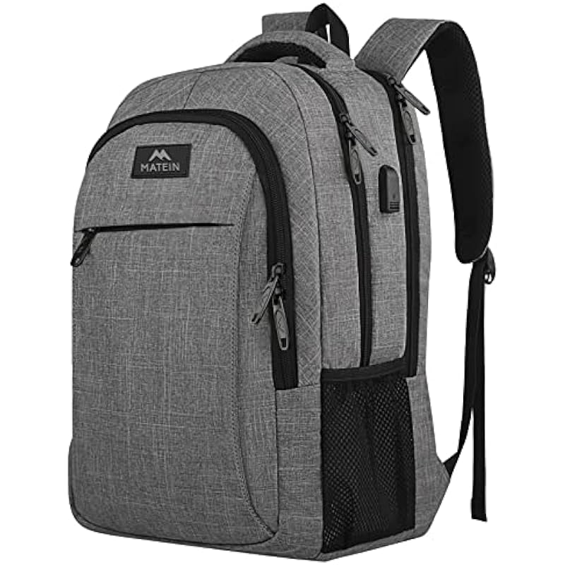 MATEIN Travel Laptop Backpack, Business Anti Theft Slim Sturdy Laptops Backpack with USB Charging Port, Water Resistant College School Computer Bag Gift for Men & Women Fits 15.6 Inch Notebook, Grey