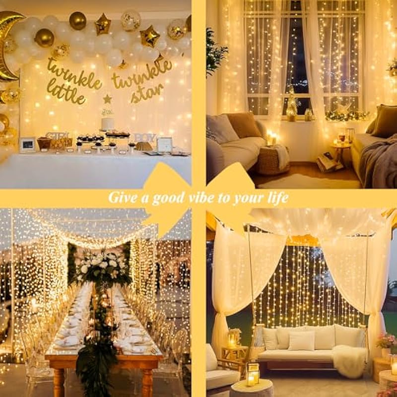JMEXSUSS 300 LED Remote Control Curtain Lights, Plug in Fairy Curtain Lights Outdoor, Window Wall Hanging Curtain String Lights for Bedroom Backdrop Wedding Party Xmas Indoor Decor, Warm White