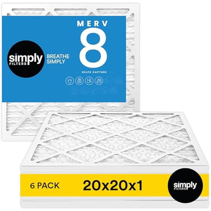 Simply Filters 20x20x1 MERV 8, MPR 600, Air Filter (6 Pack) – Actual Size: 19.75″x19.75″x0.75″ HVAC, AC Furnace Air Filter