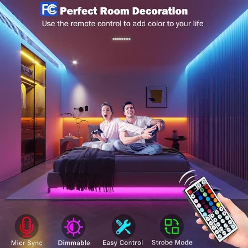 Led Lights for Bedroom 100 ft (2 Rolls of 50ft) Music Sync Color Changing RGB Led Strip Lights with Remote App Control Bluetooth Led Strip, Led Lights for Room Home Kitchen Decor Party