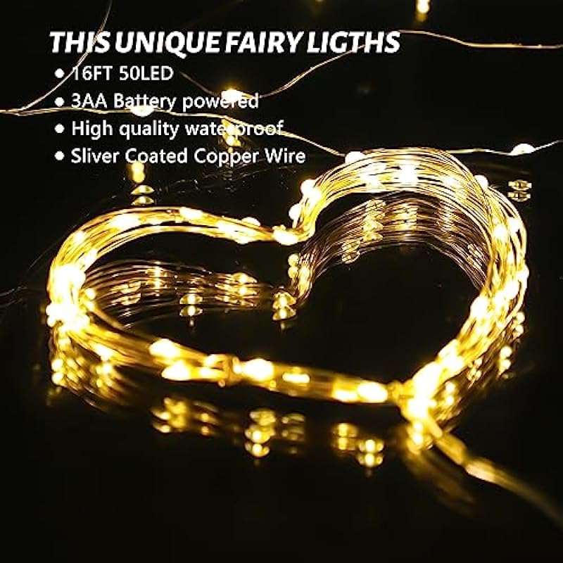 Fairy Lights Battery Operated 1 Pack 16FT 50 Led Mini Battery Powered String Lights Twinkle Lights Mason Jar Lights Waterproof Firefly Lights DIY Party，Wedding，Christmas，Decoration（Warm White）