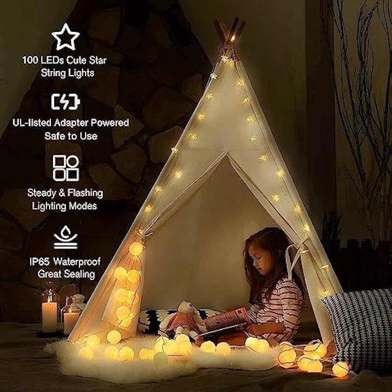 Minetom Star String Lights Plug in – 33 ft 100 LED Star Fairy String Lights with Remote and Timer, Waterproof for Bedroom Porch Wedding Party Patio Garden Tent Indoor Outdoor Décor, Warm White