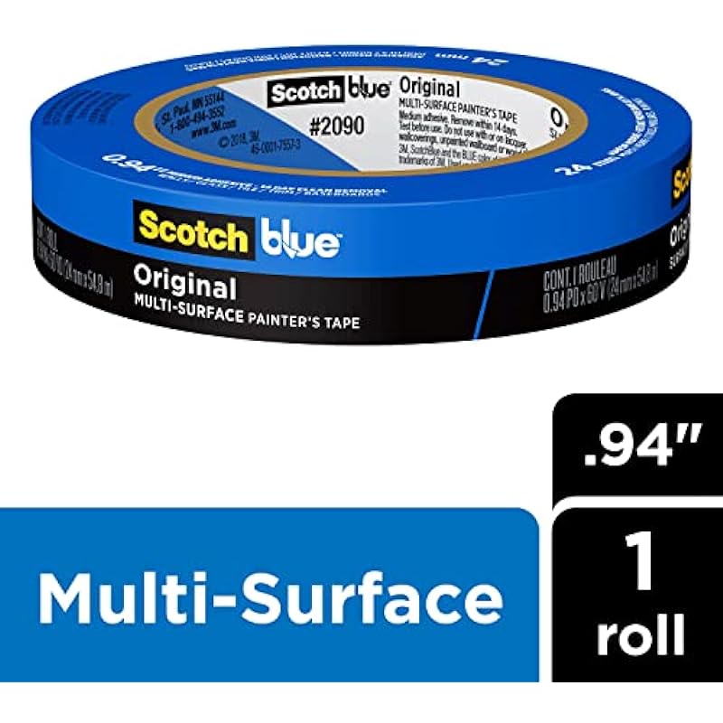 ScotchBlue Original Multi-Surface Painter’s Tape, 0.94 Inches x 60 Yards, 1 Roll, Blue, Paint Tape Protects Surfaces and Removes Easily, Multi-Surface Painting Tape for Indoor and Outdoor Use