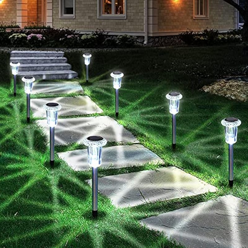 Solar Outdoor Lights, 10 Pack Waterproof Stainless Steel Solar Stake Lights for Pathway Garden Yard Path Walkway Driveway Lawn Decor – Cool White