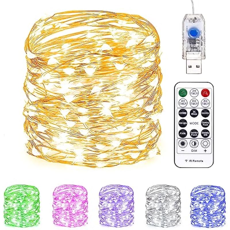 Fairy Lights 66 ft 200 LED USB Twinkle String Lights Plug in Silver Wire Lights with Remote and Timer 8 Modes Outdoor Waterproof Starry Lights DIY Party Wedding Christmas Decoration（Warm White）