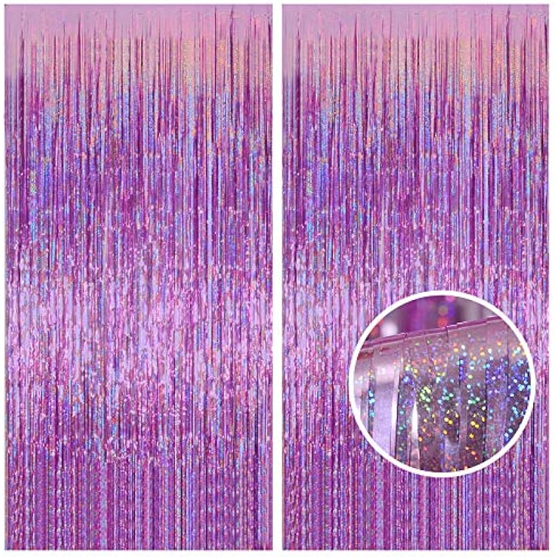 Melsan 2 Pack 3.2 ft x 8.2 ft Tinsel Foil Fringe Curtains Backdrop, Sparkle Metallic Foil Curtains for Party Photo Booth Props Decoration, Pinkish Purple