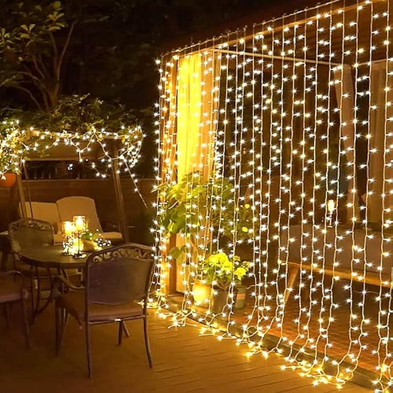 JMEXSUSS 300 LED Remote Control Curtain Lights, Plug in Fairy Curtain Lights Outdoor, Window Wall Hanging Curtain String Lights for Bedroom Backdrop Wedding Party Xmas Indoor Decor, Warm White