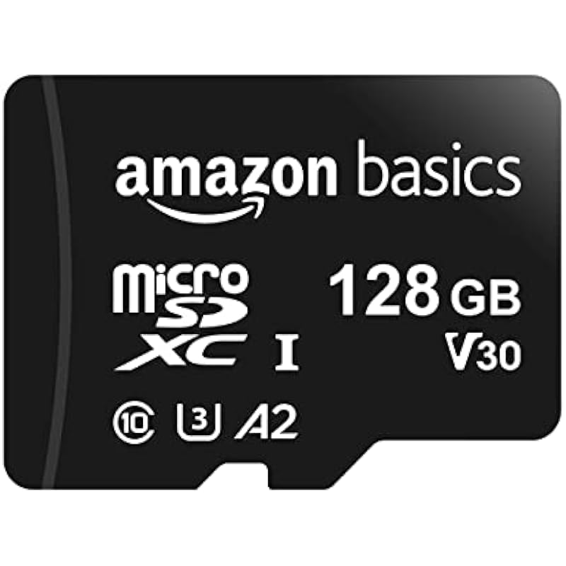 Amazon Basics Micro SDXC Memory Card with Full Size Adapter, A2, U3, Read Speed up to 100 MB/s, 128 gb, Black