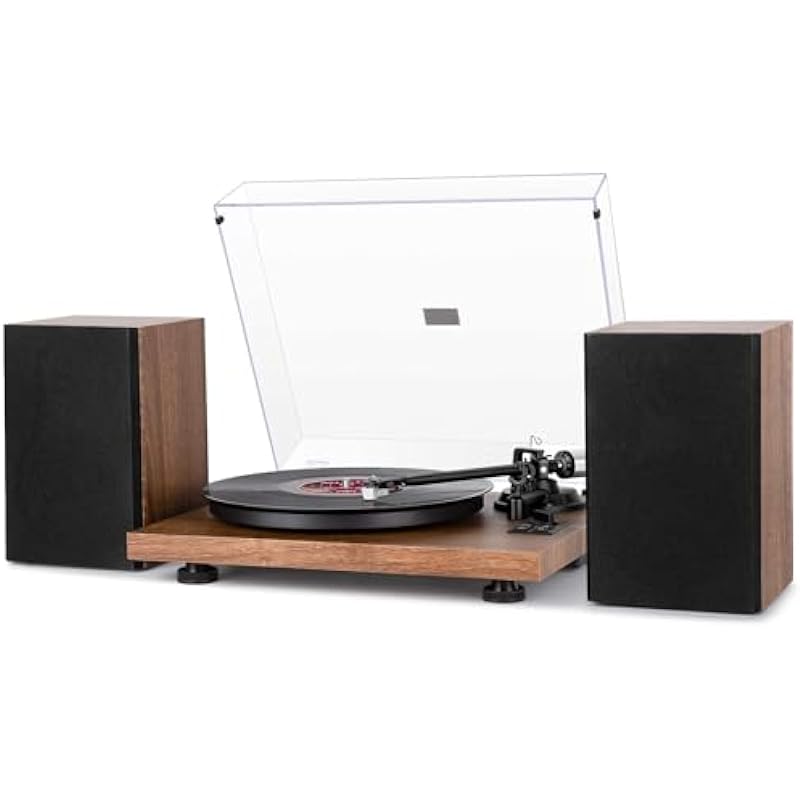 1 by ONE Bluetooth Turntable HiFi System with 36 Watt Bookshelf Speakers, Patend Designed Vinyl Record Player with Magnetic Cartridge, Bluetooth Playback and Auto Off