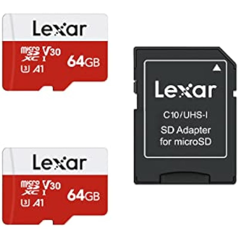 Lexar 64GB Micro SD Card 2 Pack, microSDXC UHS-I Flash Memory Card with Adapter – Up to 100MB/s, U3, Class10, V30, A1, High Speed TF Card (2 microSD Cards + 1 Adapter)